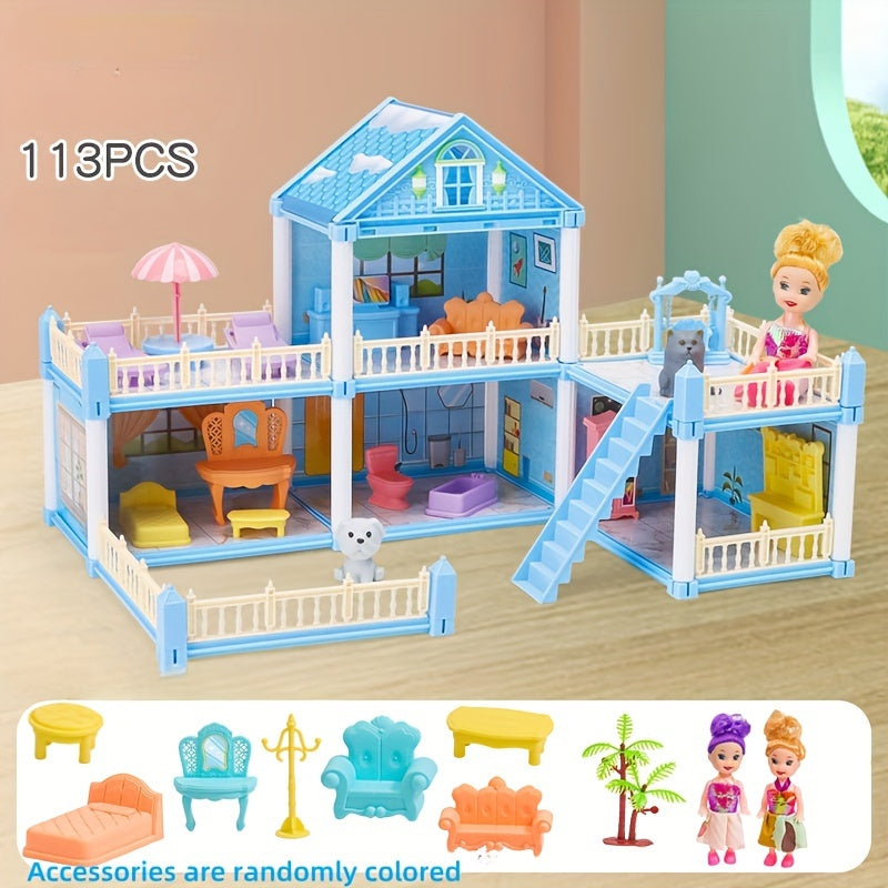 Girl playing with a dollhouse toy set in a children's simulation room, resembling a princess castle villa; ideal as a birthday gift.