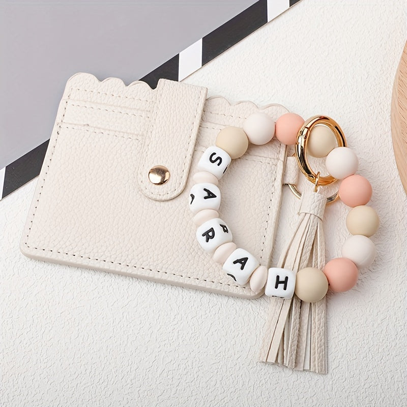 Custom PU Leather Keychain featuring Silicone Beads and Tassel - Add your Name or Initials for a Unique Touch - Great for School, Work, or Special Events