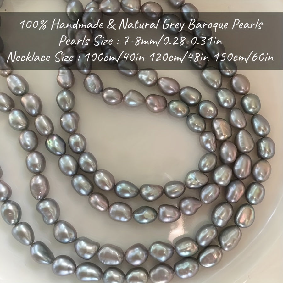 Handcrafted with care, the MYSOYA 100% Handmade Natural Gray Freshwater Baroque Pearl Long Necklace features pearls measuring 7-8mm in size. It comes packaged in a gift box and is suitable for both men and women. This versatile piece is ideal for