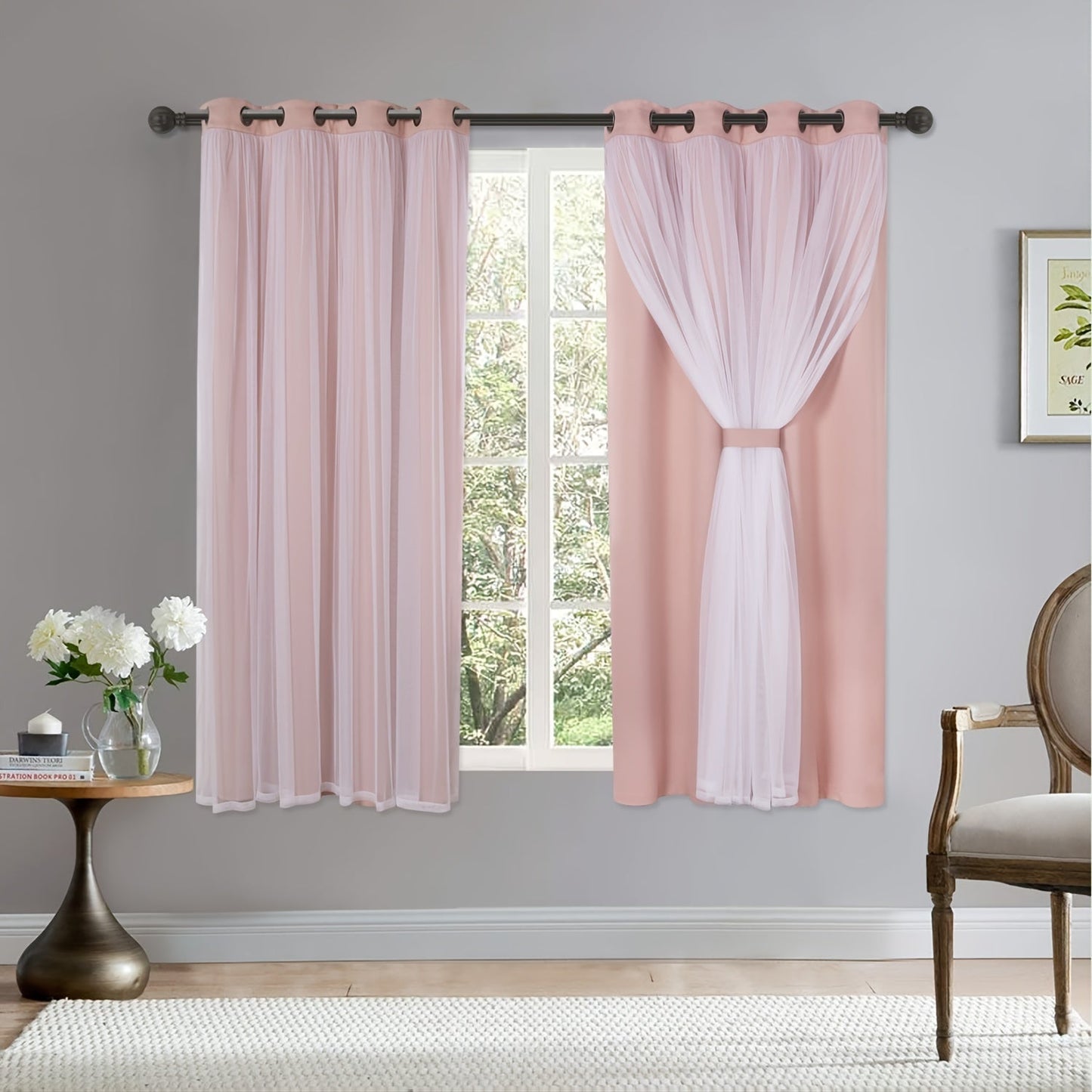 Grey bedroom blackout curtains with white sheer voile double-layered combination, featuring grommet design for easy hanging.