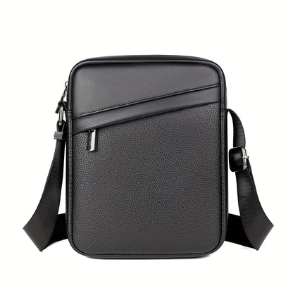 Men's black crossbody bag with adjustable strap featuring a stylish lychee texture. Perfect for business, travel, and casual wear. Multiple compartments for organization. Ideal for everyday