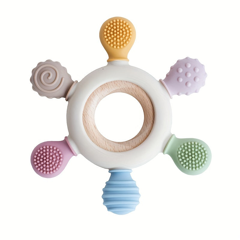 Silicone Baby Teether in Rudder Shape with Wooden Teether Ring for Touch Training, BPA Free Chew Toy for Newborns, Children's Dental Care Teething Toy - Perfect for Halloween, Thanksgiving, and Christmas Gifting.