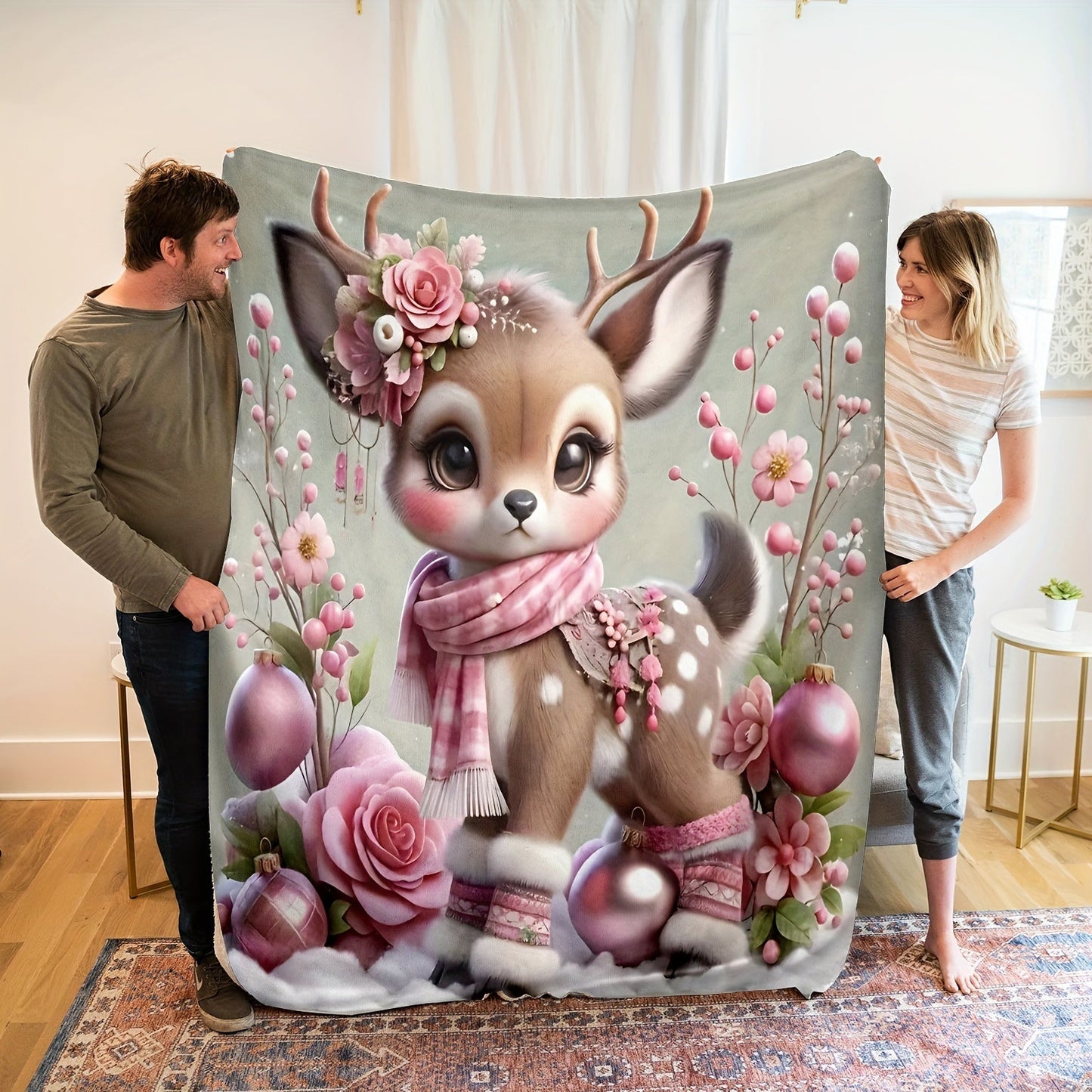 Soft and lightweight deer print flannel throw blanket, perfect for bed, travel, camping, living room, office, sofa, or chair. Provides all-season comfort and a cozy, cute touch to any room.