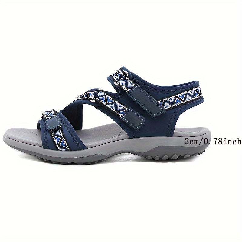 Women's flat sandals with hook-and-loop fastener, open toe ankle strap, fabric upper and inner, non-slip TPR sole, low heel, ethnic trim, comfortable for all seasons.