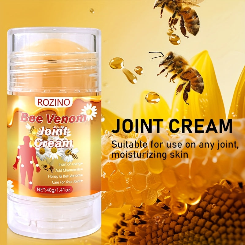 40g ROZINO Bee Venom Joint Cream with hypoallergenic formula containing honey, chamomile, aloe vera, turmeric, and Vitamin C. Suitable for unisex adults for joint care, fast absorption