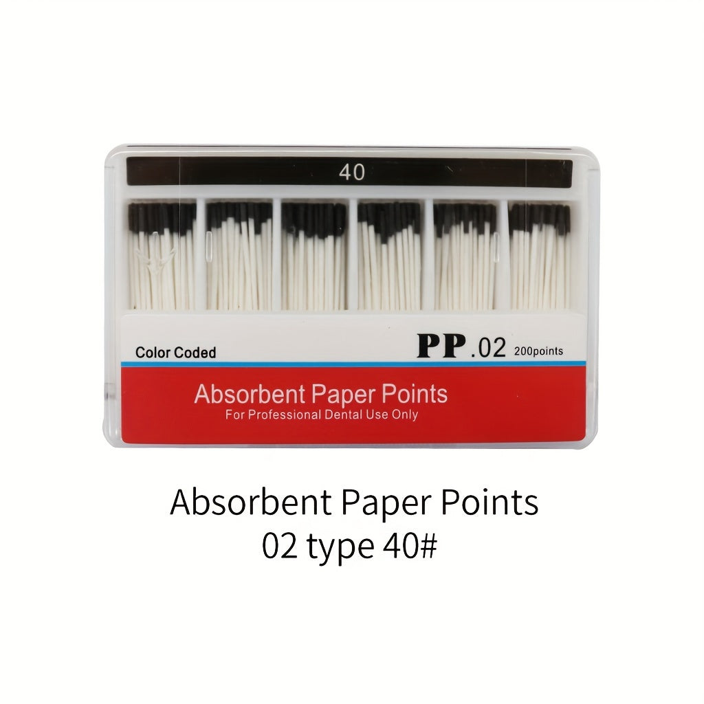 200 Model Taper 02 Absorbent Paper Points in sizes 15, 20, 25, 30, and 40.