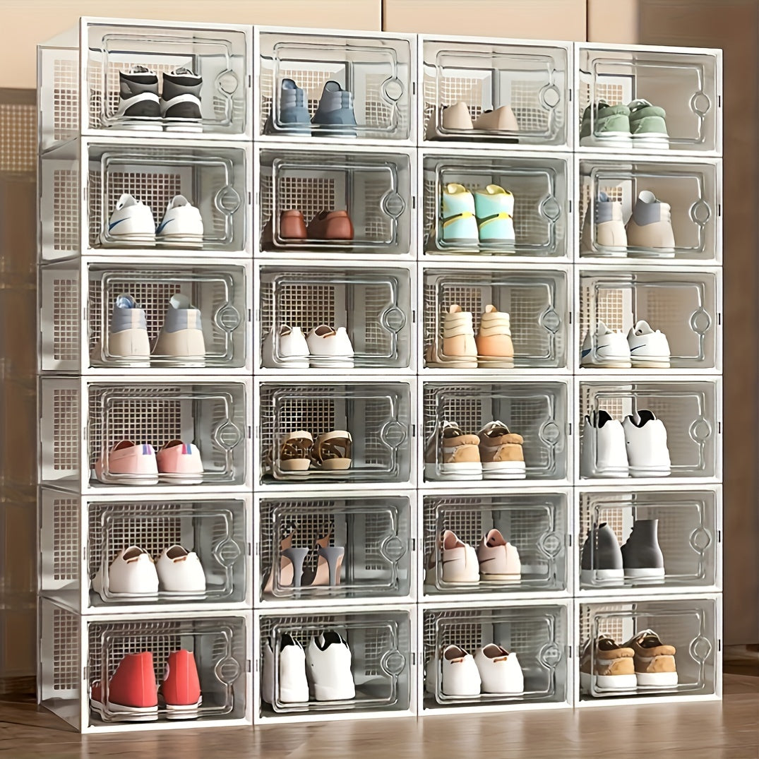 12/6 pieces of black transparent XL plastic shoe storage boxes with lids. These square shoe organizer cabinets are waterproof, multi-purpose, and have a flip-top lid design. Perfect for home and kitchen storage drawers.