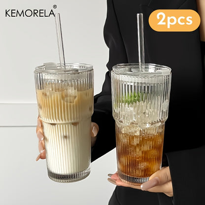 KEMORELA Large Capacity Vertical Striped Glass Cups, with or without lid, for cold drinks, juice, coffee, and water.