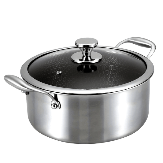 Multi-functional soup pot with lid that is non-stick and suitable for induction cooktops, making it ideal for both home and professional kitchen use on any type of stove.