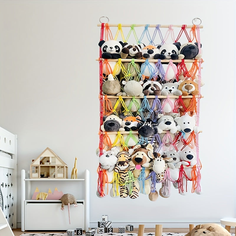 Bohemian Chic Plush Toy Storage Rack with Handwoven Baskets - Ideal for Bedroom, Daycare, Crafts, Bathroom Organization, and Gift Storage.