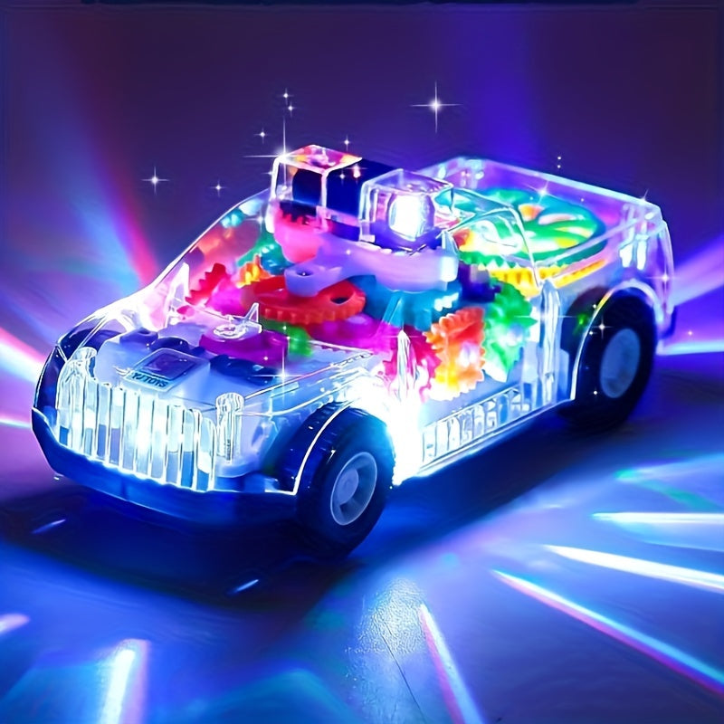 Electric car toy with lights and music, featuring transparent gear and police car design.