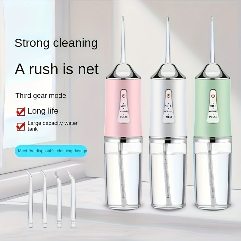 Electric Water Flosser with Intelligent Chip, 3 pressure modes, USB rechargeable, 500mAh battery, 4 nozzles, 360° rotating head for deep cleaning.