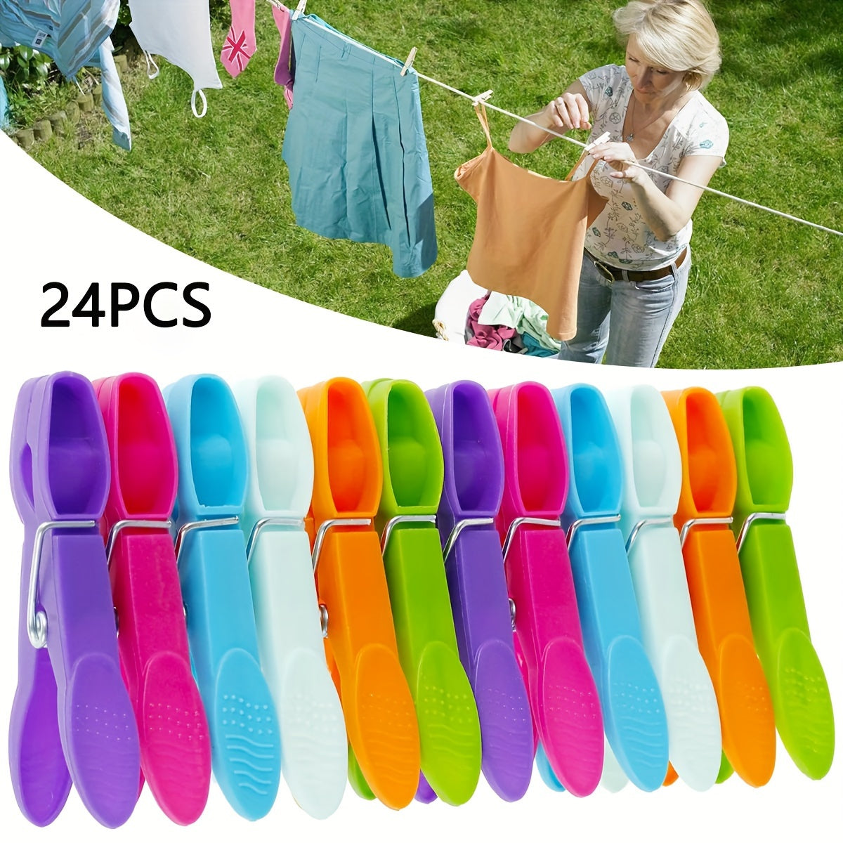 Pack of 24 durable clothes pegs with a strong grip for your washing line. Made from soft plastic, these clothes clips are perfect for home laundry use. Designed to be windproof and reliable, these clothes pins will securely hold your clothes in place.