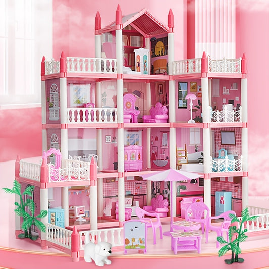 Pink doll set includes 11 rooms and furniture accessories for children's pretend games. Ideal birthday gift for girls aged 5-9.