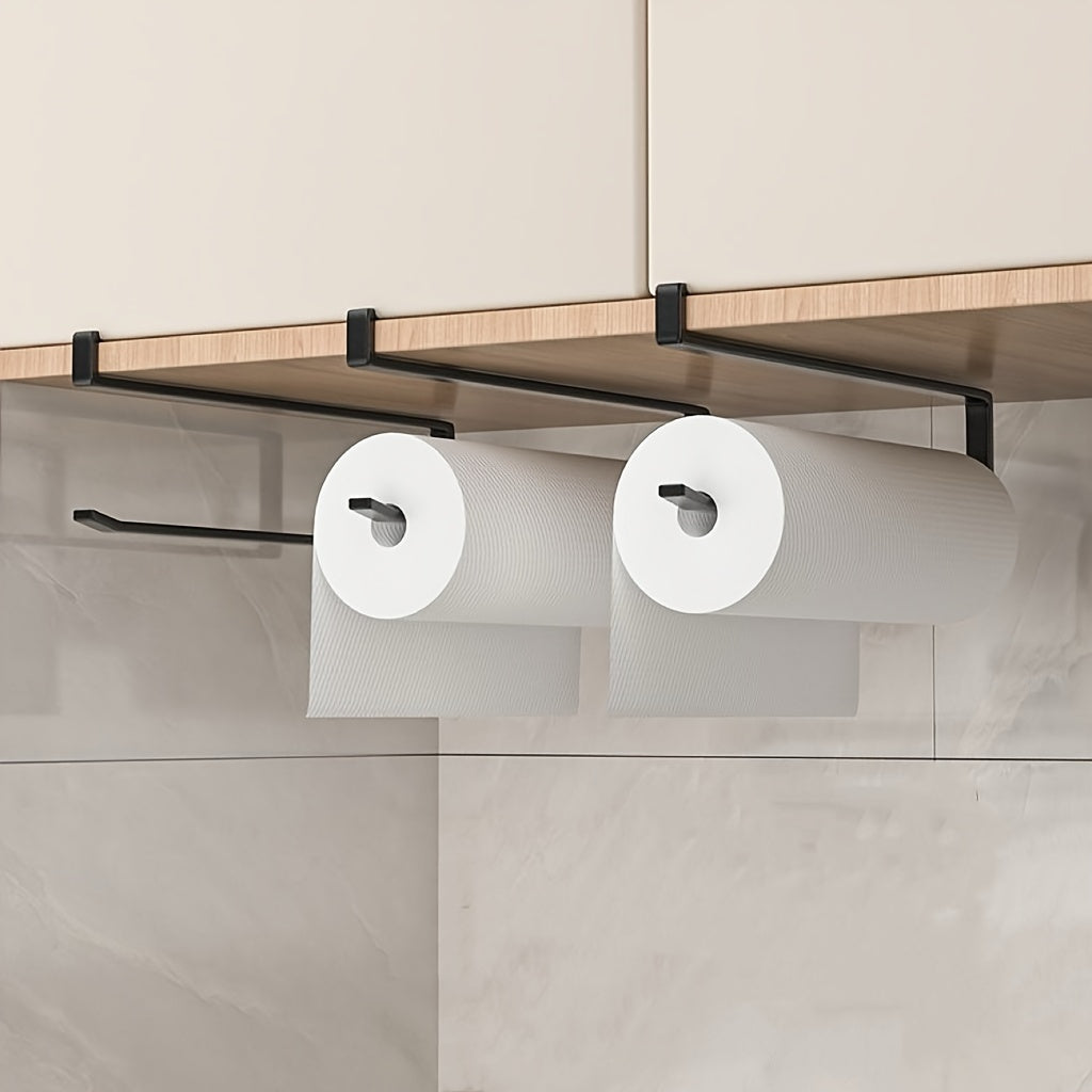 Simplify your kitchen with the 1pc Easy-Install Iron Kitchen Paper Towel Holder. This space-saving cabinet roll organizer requires no drilling and can also hold cling film and dishcloths. Its modern design makes it a stylish addition to your kitchen