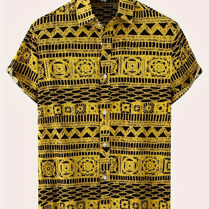 Men's geometric print button-up shirt, perfect for summer.