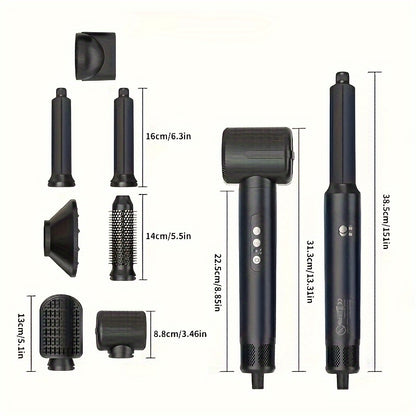 7-in-1 hair styling tool with 110000 RPM and 1400W power, includes diffuser, concentrator, volumizer, curling wand, and straightener brush.