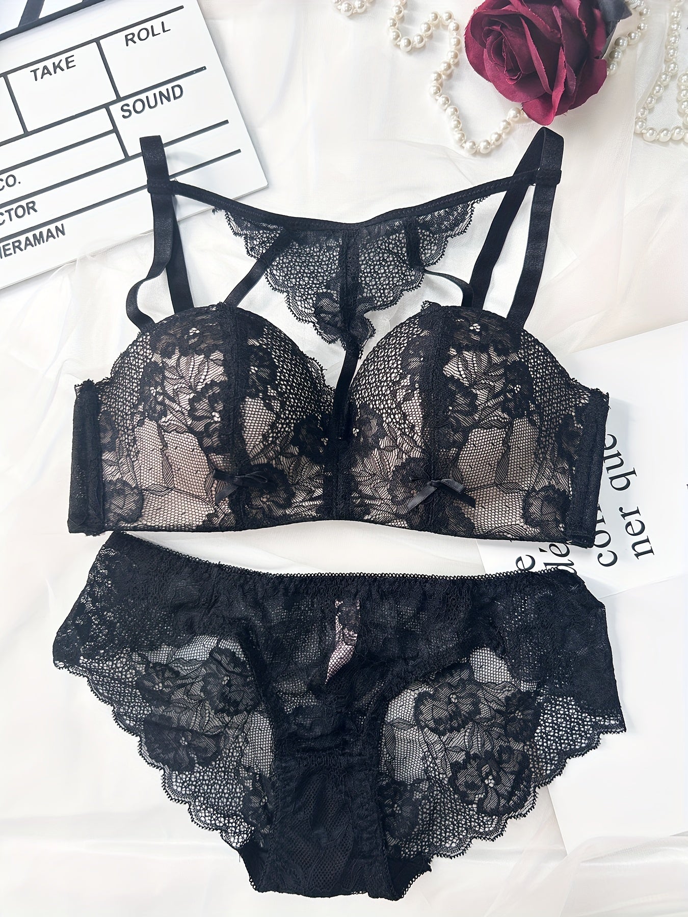 Women's lace lingerie set with medium support, polyamide jacquard bra and briefs, non-removable padding for comfort, contrast lace detail in basic style.