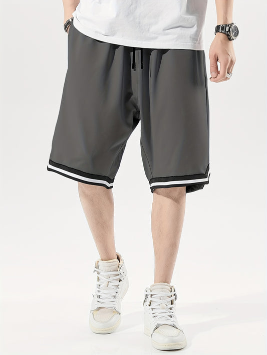 Men's plus size sports shorts with geometric pattern, loose fit, knit polyester fabric, mid-length, 250g/m² weight - perfect for comfortable summer wear.