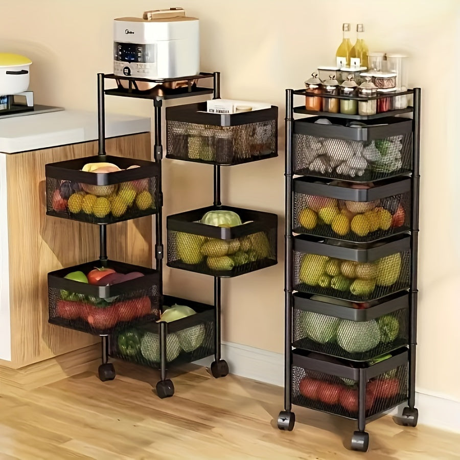 Square 4-tier metal rotating storage rack on wheels for kitchen and bathroom. Golden tube frame, pre-assembled for convenience.