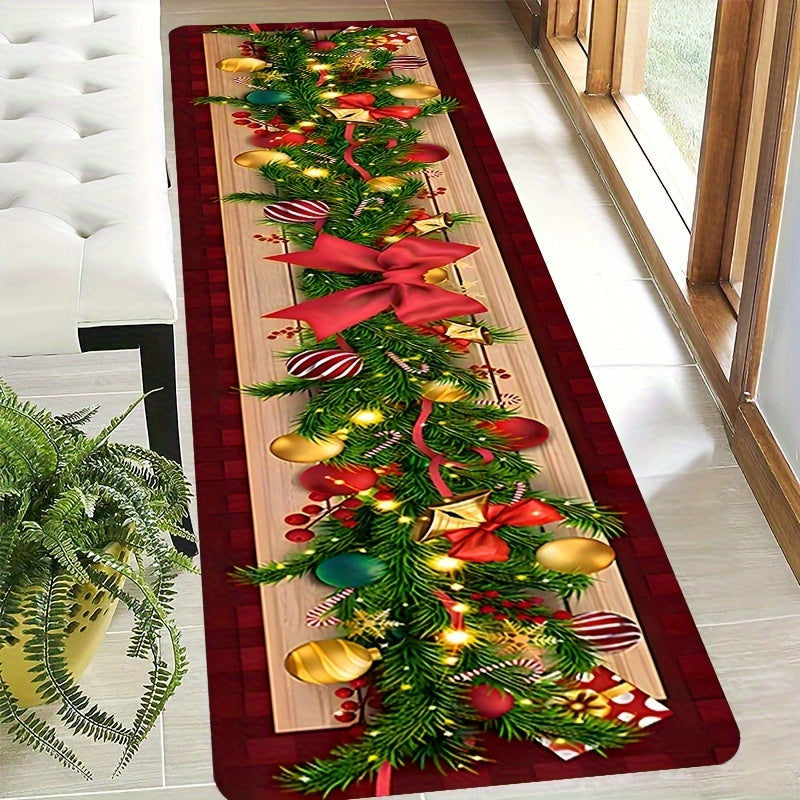 Get into the holiday spirit with this Christmas-themed runner rug featuring a festive tree, ornaments, and bow design. Made from low pile, tufted polyester, this machine washable rug is also non-slip and stain resistant, making it perfect for hallways