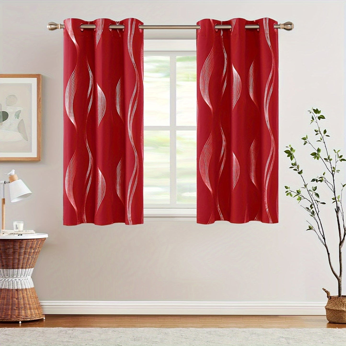 Two pieces of contemporary blackout curtains made from high-quality woven polyester, featuring a grommet top design for easy hanging. These room darkening drapes are machine washable and showcase a fantasy stripe pattern with eyelet detailing. Suitable