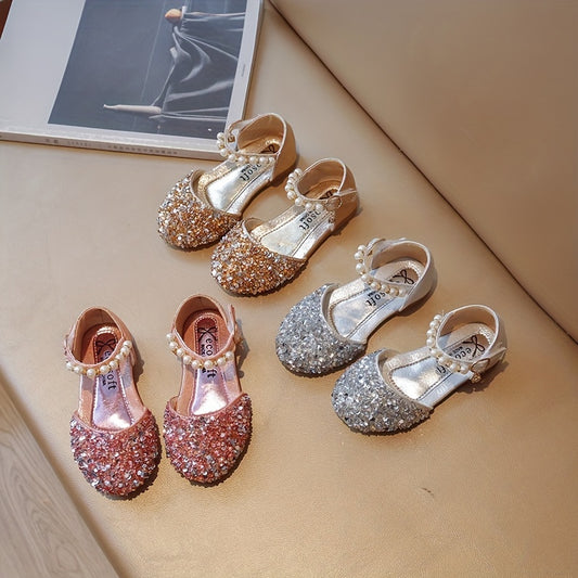 Stylish sequin pearl sandals for baby girls, perfect for holiday parties.