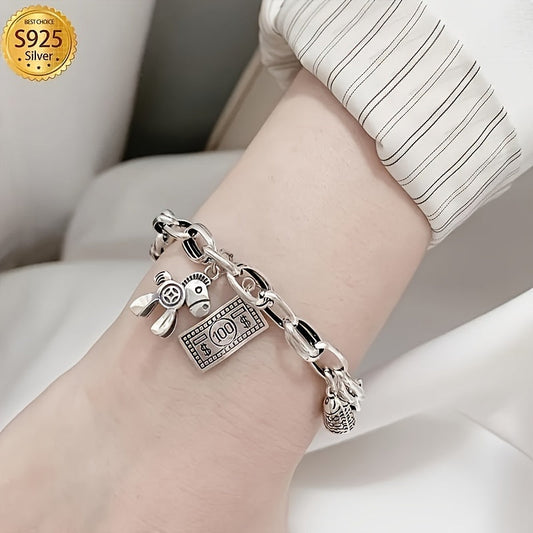 Adorable Vintage-inspired 925 Sterling Silver Bracelet featuring 'Wealth Comes' Design, Horse & Coin Charms - Ideal Present for Her