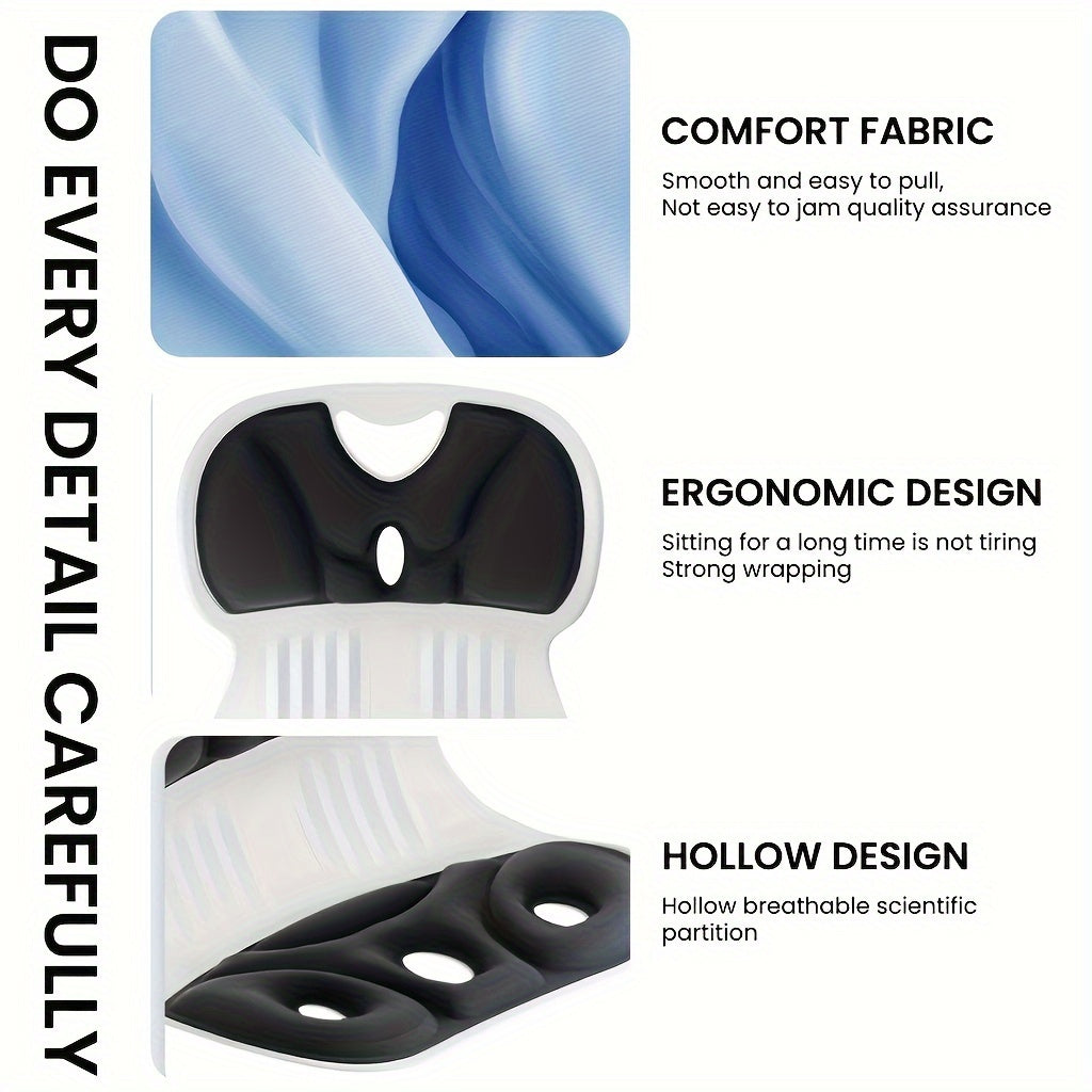 Ergonomic lumbar support pillow with washable nylon cover, suitable for study and TV use. Non-electric seat pad in black/grey.