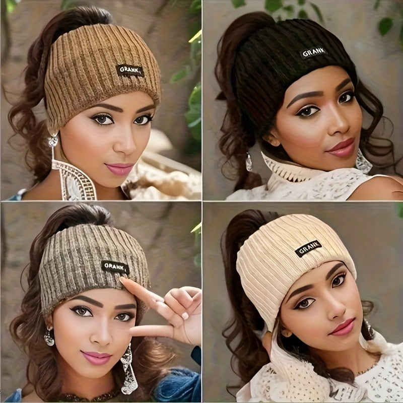 Soft cotton knit headband with braided turban style and ribbed texture, featuring "GREAN" label. Comes in beige, brown, light brown, and dark gray colors. Elegant design for stylish ear