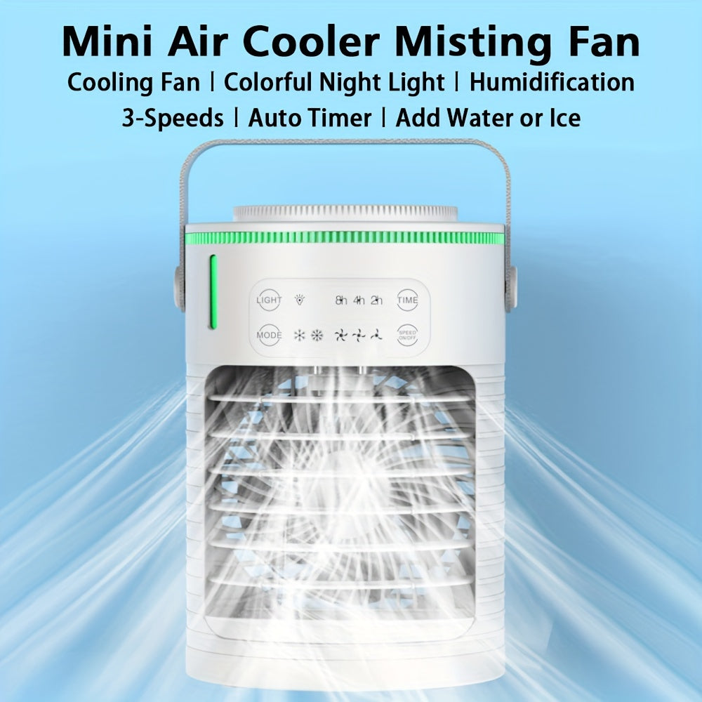 The CF-516 Portable Mist Fan with Colorful Lights is a versatile device that offers a range of features including a humidifier, 3-speed wind settings, 2-level moisture control, USB power, touch control, adjustable angle, quiet operation, and a timer