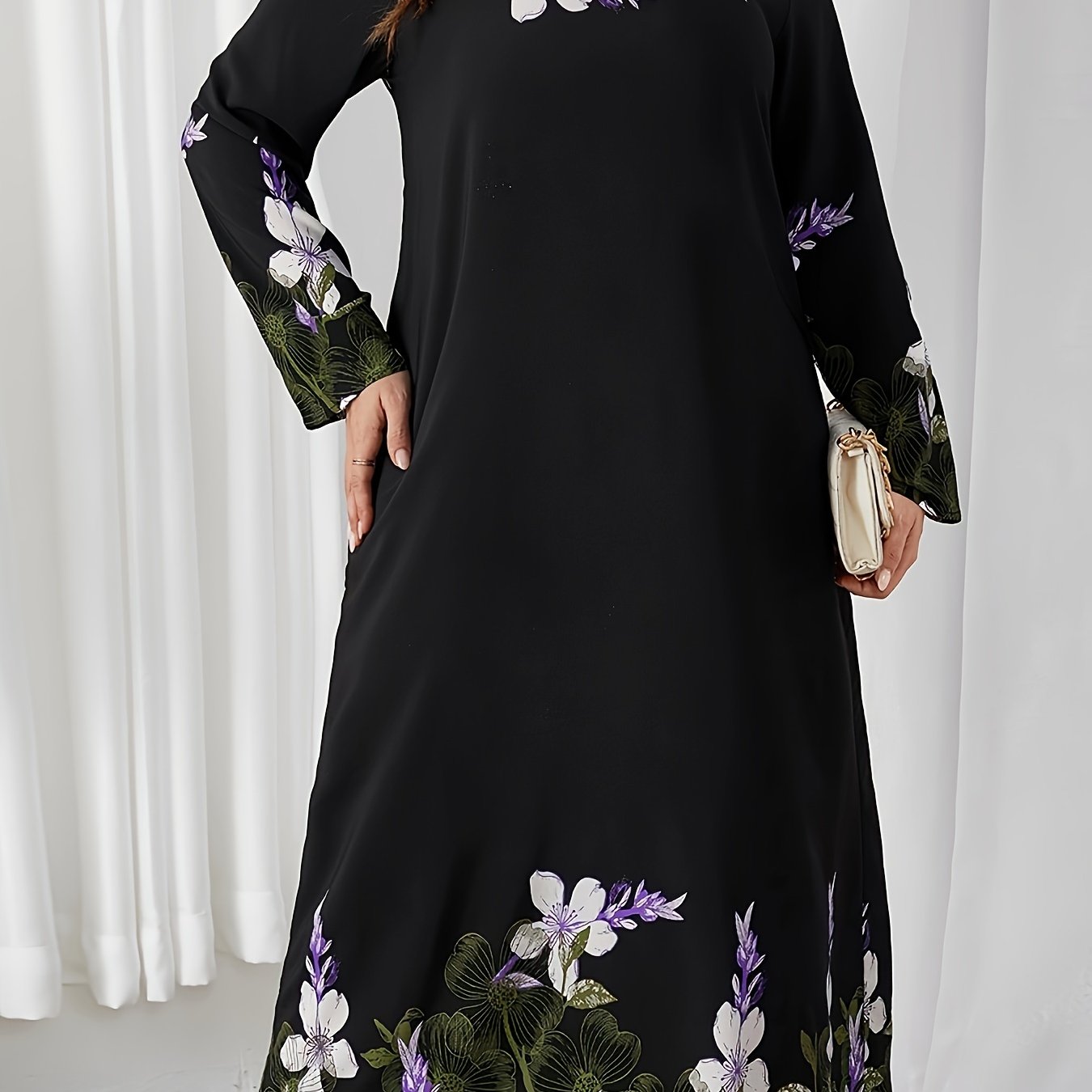 Floral Ankle Length Dress with Long Sleeves, Perfect for Spring & Fall, Plus Size Women's Clothing