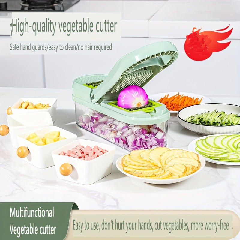 A versatile vegetable chopper set that includes a multifunctional fruit slicer, manual food grinder, and cutter with container. This onion chopper comes with multiple interchangeable blades for slicing and dicing. Perfect for home use, making potato