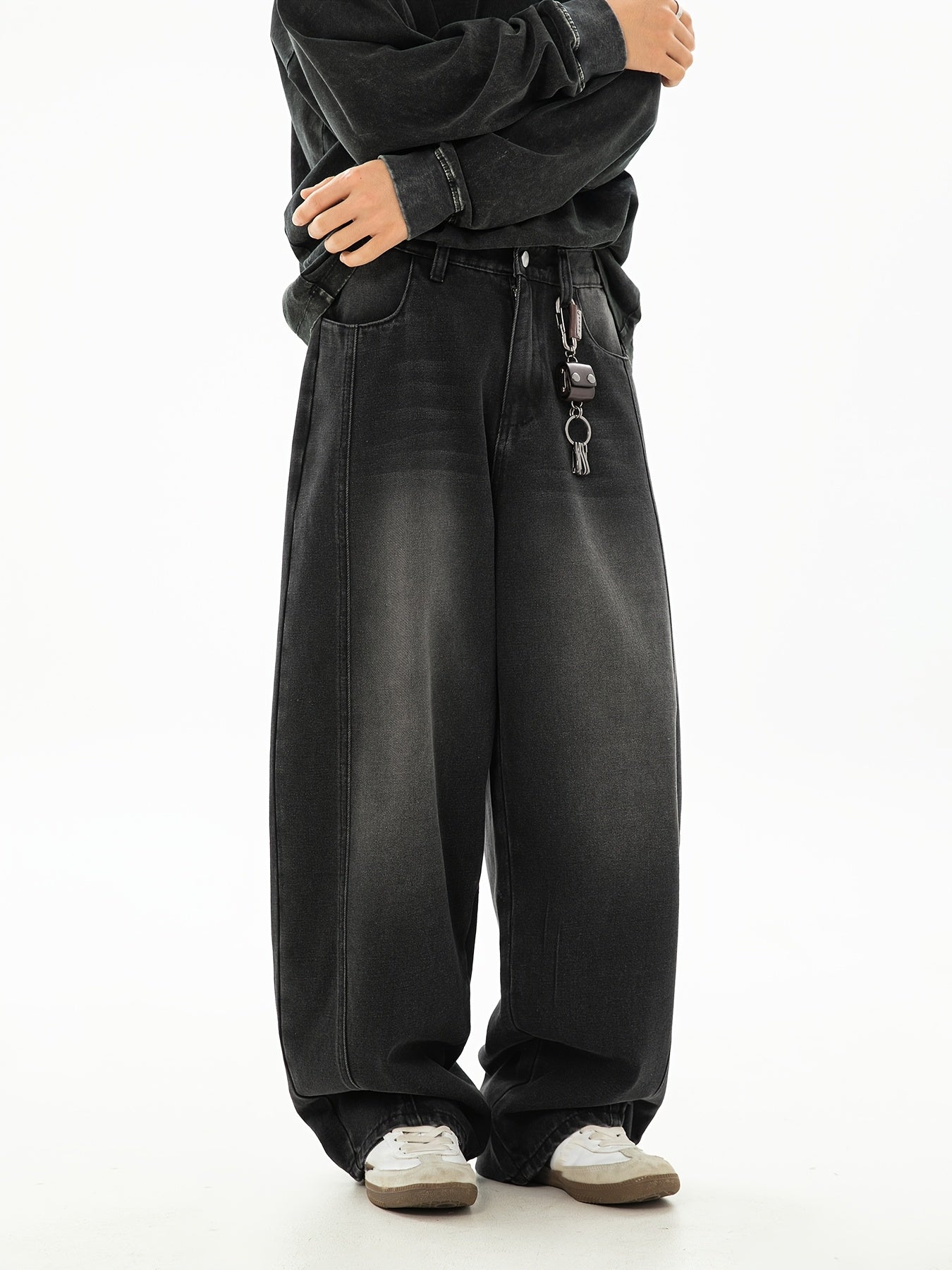 Men's gradient structure denim pants, loose-fitting, stylish black carrot pants, casual new arrivals, perfect gift option.