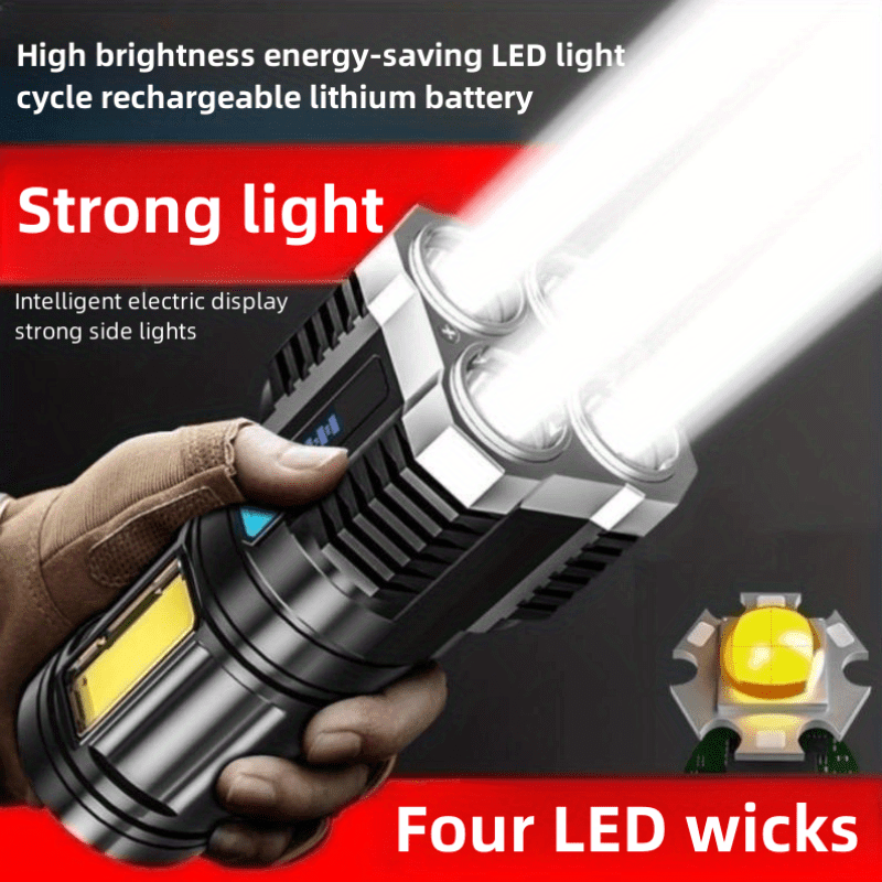 Rechargeable LED flashlight with 400mAh battery, USB powered, includes COB side light, not waterproof, includes USB cable - ideal for outdoor use.