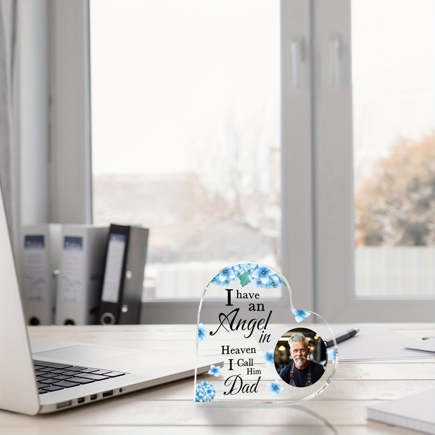 Customized Acrylic Heart-Shaped Photo Plaque honoring Dad's memory - "I Have a Guardian Angel in Heaven" - A Tribute for Father's Day, perfect for Home or Office Decoration