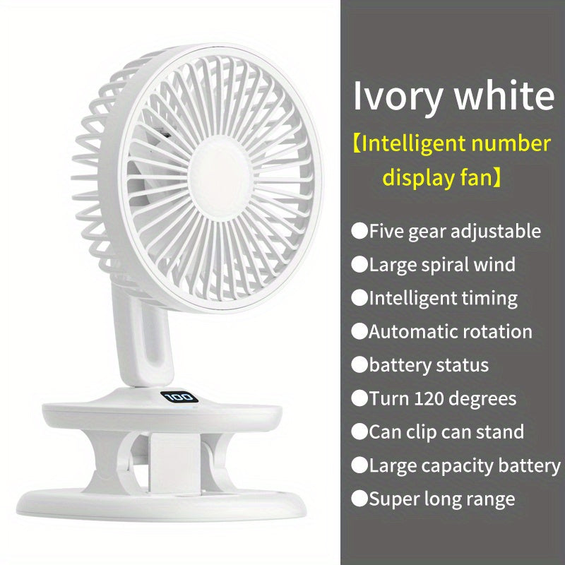 A versatile USB fan perfect for camping and outdoor activities, this desktop fan can be clamped or stood on a surface. With a shaking head function and built-in large capacity battery, it provides convenient cooling wherever you go.