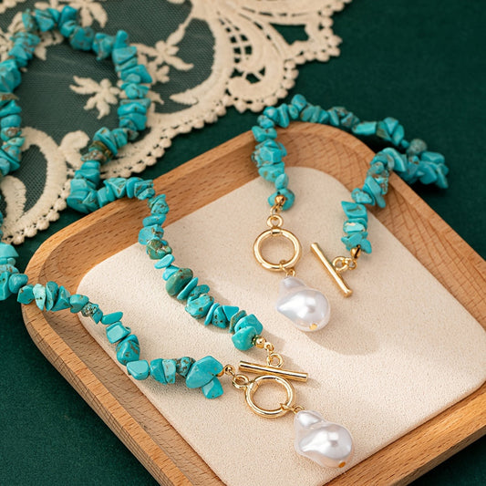 Vintage-Inspired Turquoise & Faux Pearl Pendant Necklace and Bracelet Set - Chic Bohemian Style, Ideal for Everyday Wear or Gifting