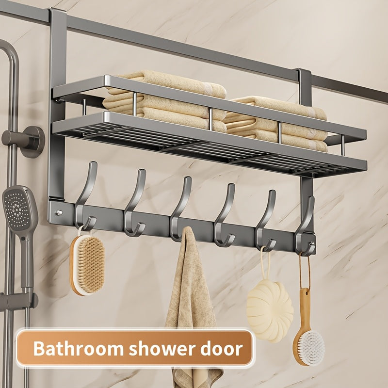 Convenient over-the-door storage rack with multifunctional metal hooks for bedroom, bathroom, and kitchen organization.