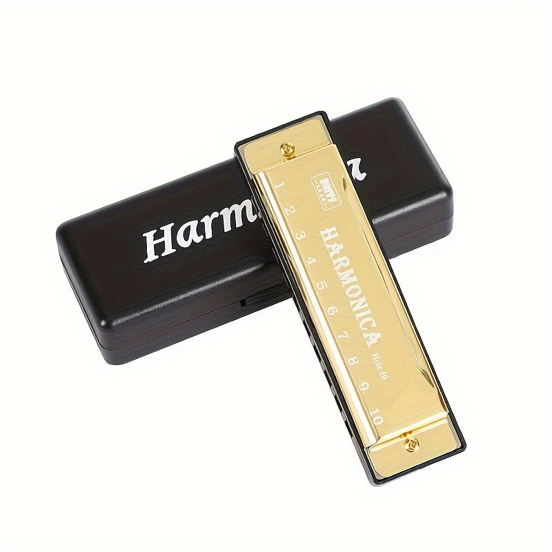 Beginner-level, stainless steel harmonica in golden color with 10 holes and protective case. Perfect gift option.