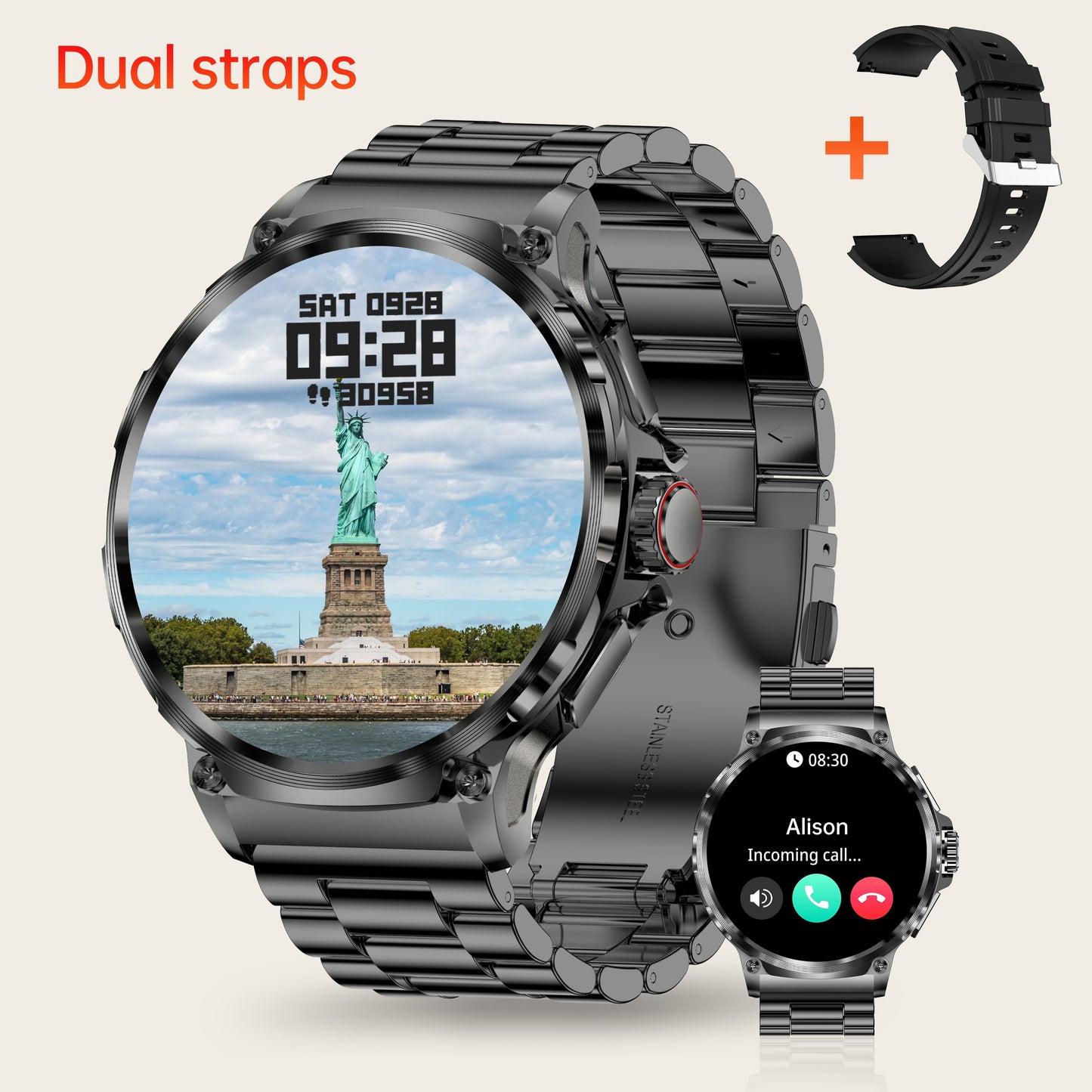 TIZOOP Outdoor Smart Watch features a 4.7cm HD display, 710mAh long-lasting battery, 100+ sports modes, step tracking, activity reports, and water resistance for both Android and iOS phones.