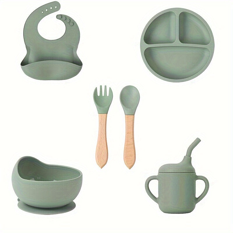 Set of 6 Silicone Feeding Items, Including Suction Bowl, Divided Plate, Self-Feeding Dish, Spoon, Fork, Sippy Cup, Adjustable Bib, and Eating Utensils for Led Weaning.