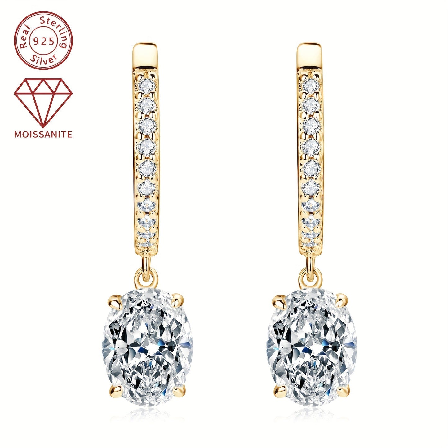 These exquisite silver earrings feature a pair of synthetic moissanite stones, each weighing 1.5ct. The main stones are 6x8mm in size, giving off a dazzling sparkle. These dangling earrings are perfect for adding a touch of glamour to any outfit.