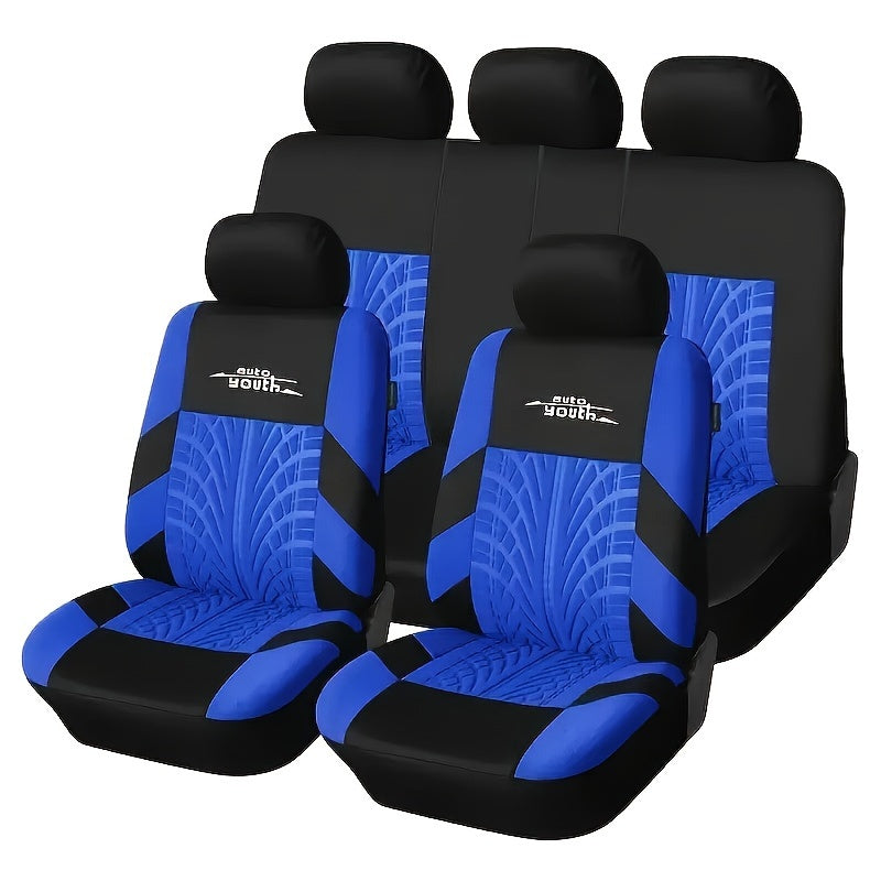 Polyester car seat cover for 5-seater vehicles, breathable and stain-resistant, with tire tread design. Fits sedans and SUVs.