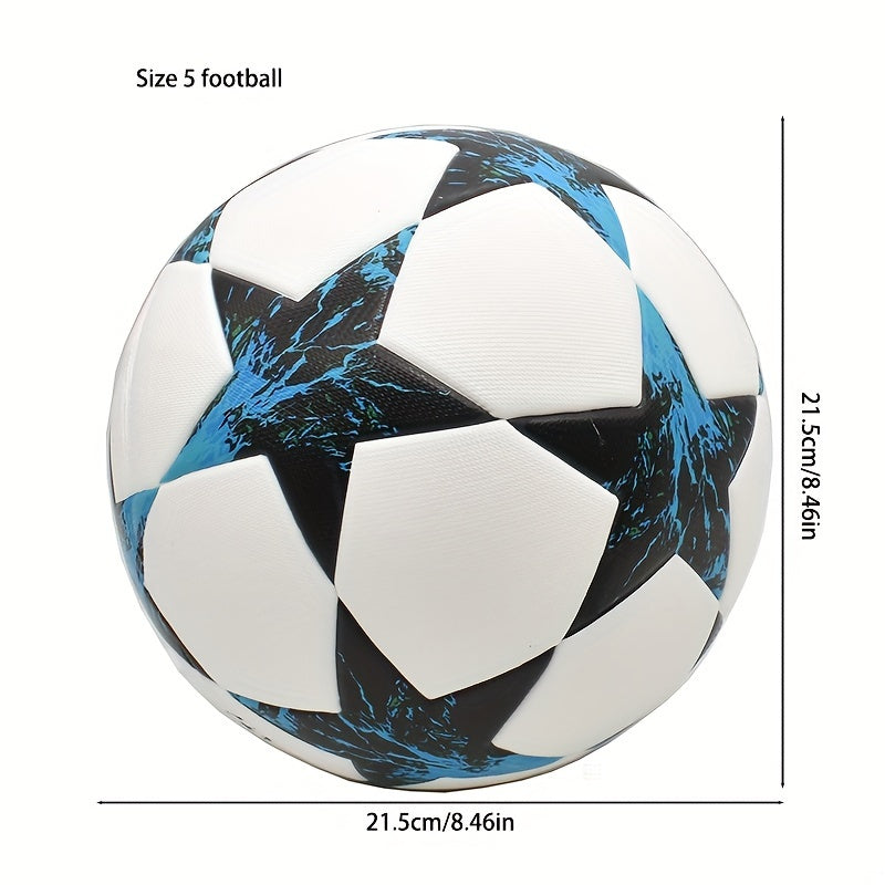 Size 5 faux leather soccer ball with seamless, thermal-bonded black and white design. Includes inflation pump, net, and accessories. Suitable for official matches and training. High-quality