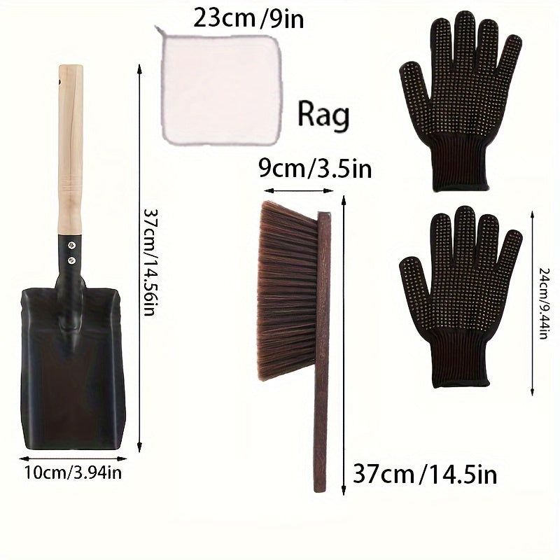 Fireplace Cleaning Kit with Durable Metal Ash Shovel, Brush Set, and Black Nylon Gloves - Essential Tools for Efficient Home Fireplace Maintenance, 5 Pieces in Total