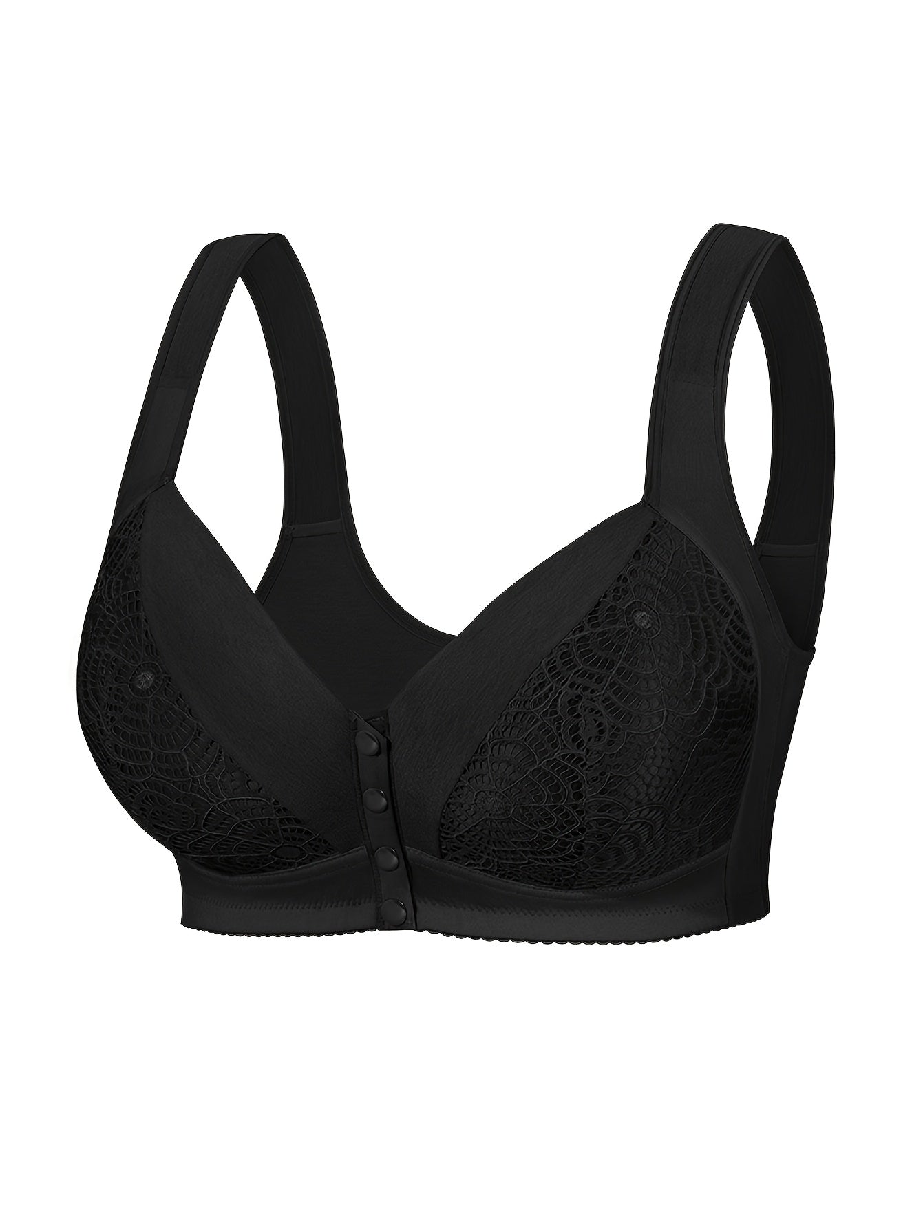 Wireless plus size lace bralette with front closure for women, full coverage, comfort fit, and non-removable pads