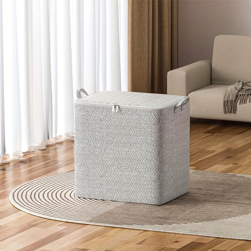 Fabric storage bags with lids are available in four sizes (30L, 110L, 150L, 220L) for organizing clothes, bedding, pillows, and toys. Comes with handles and folds for easy storage.