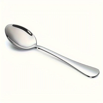 Set of 6 stainless steel spoons: tea, dessert, coffee, and stirring. Dishwasher safe for restaurant use.