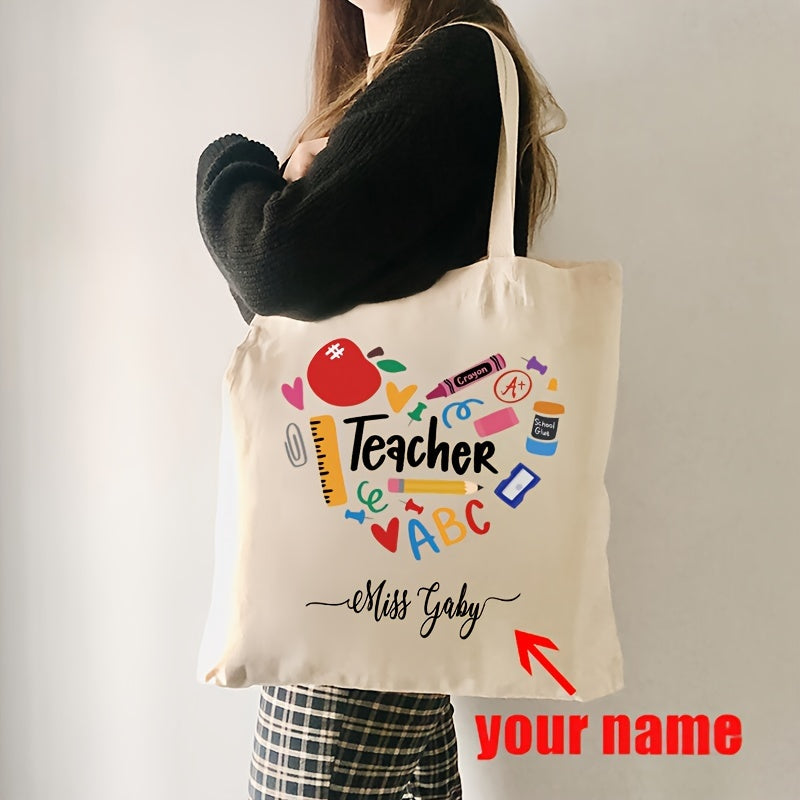 Customized shoulder bag with personalized name, featuring a lovely "Teacher Love Inspire" print on durable canvas material. The perfect back to school gift for teachers.